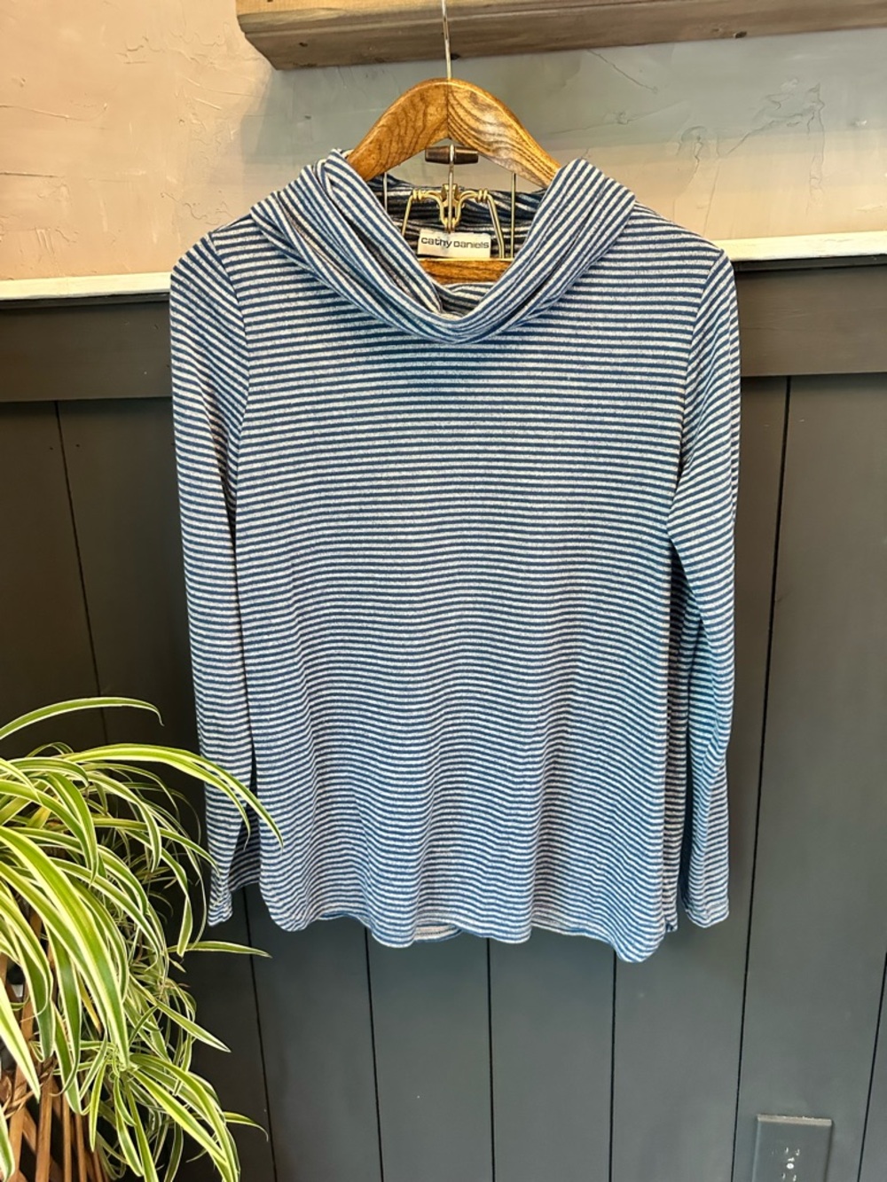 Cathy Daniels Blue White Small Stripedโ Cowl Neck Long Sleeve Knit Top size L
